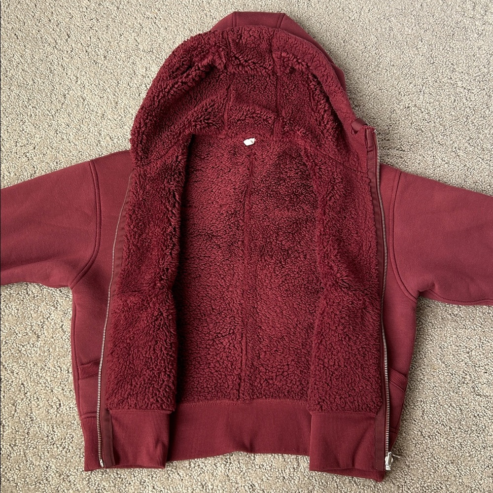 Athleta Sherpa Hoodie Jacket Reversible Fleece Cropped Zip-up Coat Burgundy S - Picture 6 of 13